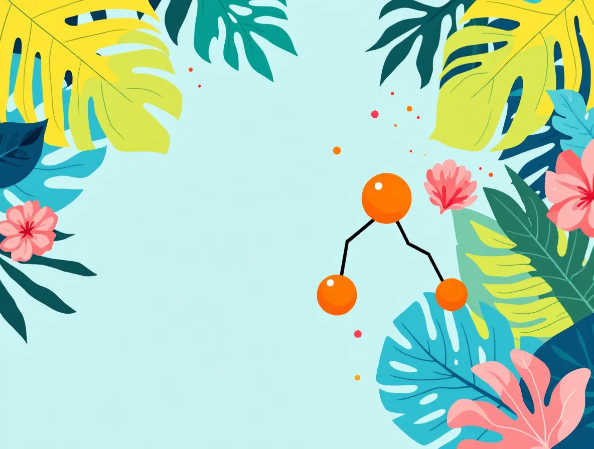 Bold tropical poster illustration of an abstract three-bead copper peptide among saturated leaves